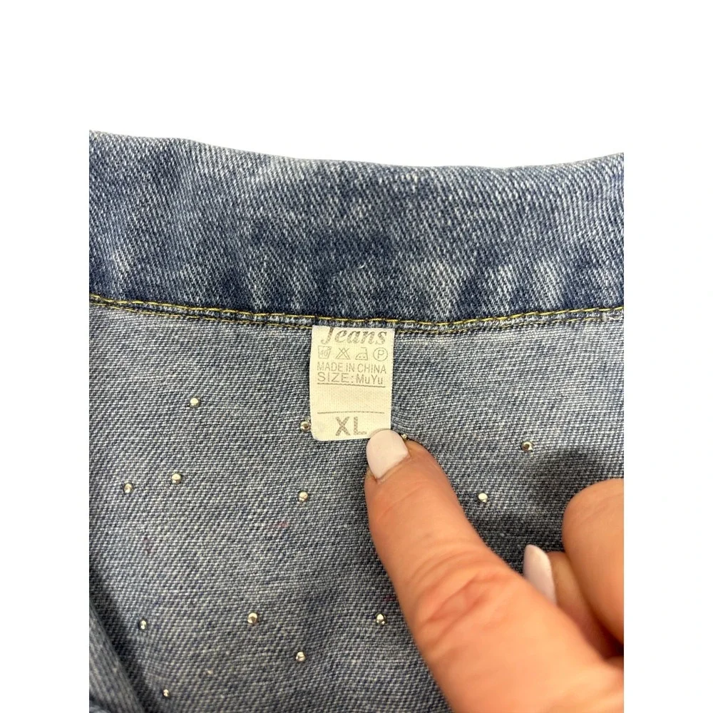 Bride Women's Denim Blue Jean Jacket With Pearls Wedding Bachelorette Sz XLarge - Picture 7 of 9